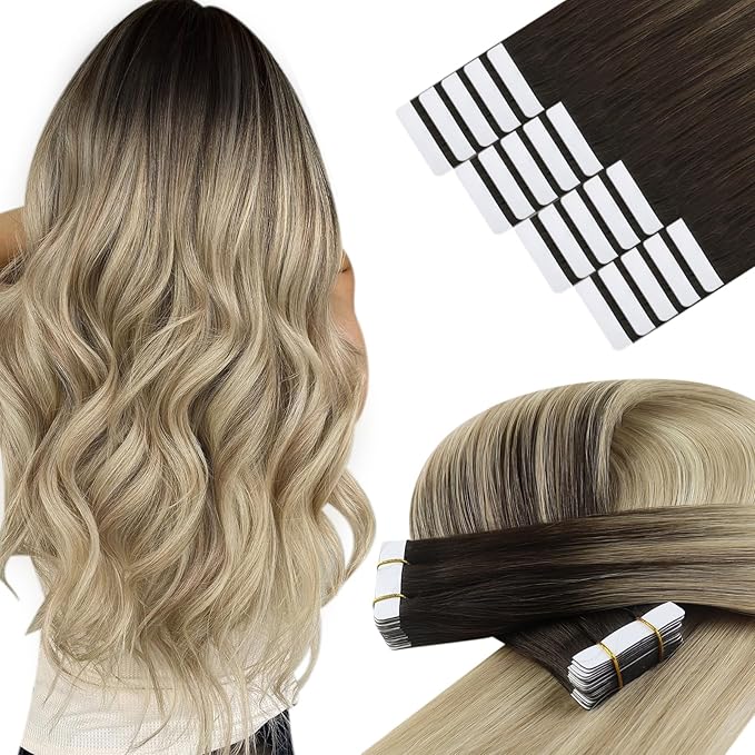 YoungSee Human Hair Tape in Extensions Ombre Real Hair Extensions Tape ins for Women Balayage Dark Brown to Blonde Tapes Hair Extension Real Human Hair Silky Straight 18In 20pcs 50g