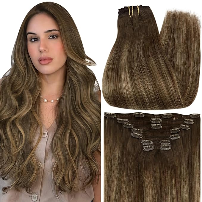 Full Shine Clip in Hair Extensions Real Human Hair Brown Balayage Dirty Blonde Hair Clip in Extensions Double Weft Medium Brown Human Hair Extensions for Women 14 Inch 7 Pcs