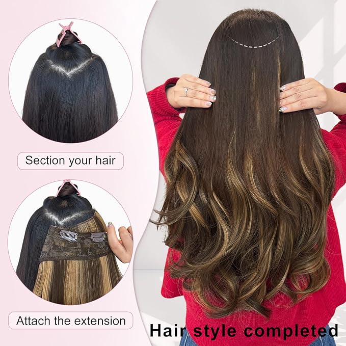 ALXNAN Long Wavy Hair Extensions for Women, Clip in Hair Extensions Clip Ins Soft Full Head Synthetic Hairpieces 20 Inch Balayage Chocolate Brown to Caramel Blonde