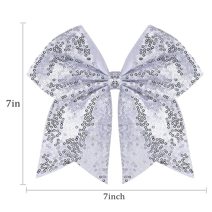 Large Glitter Cheer Bows Clips, Jumbo Big 7 Inch Cheerleading Sequin Hair Bow Hair Accessories for Teens Girls Football Sports Cheerleader Outfit Uniform (Sliver)