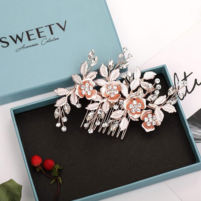 SWEETV Metal Hair Comb, Rhinestone Bridal Hair Clip - Handmade Wedding Hair Accessories for Brides and Bridesmaid, Rose Gold