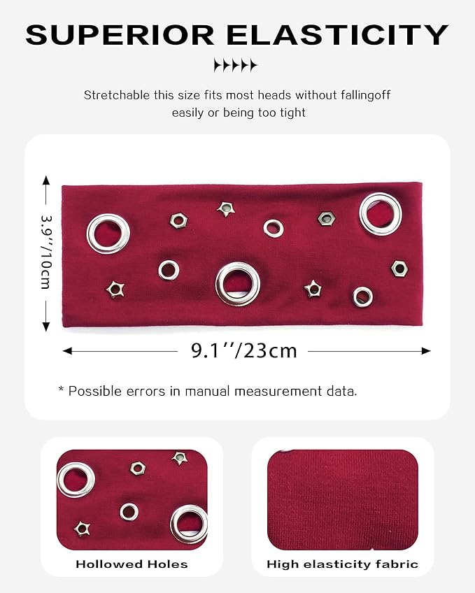 Grommet Headband for Women, Red Star 23cm Hollow Out Elastic Hair Band, Eyelets Punk Grunge Stylish Hairband
