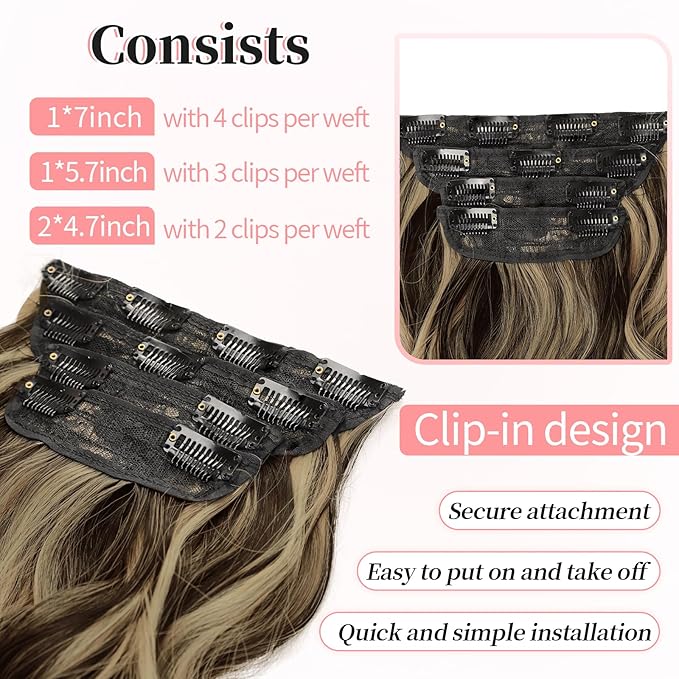 KooKaStyle Clip in Synthetic Hair Extensions Long Wavy 4PCS Thick Hairpieces Brown mix Sandy Blonde Fiber Double Weft Natural Hair Extensions 20 Inch for Women