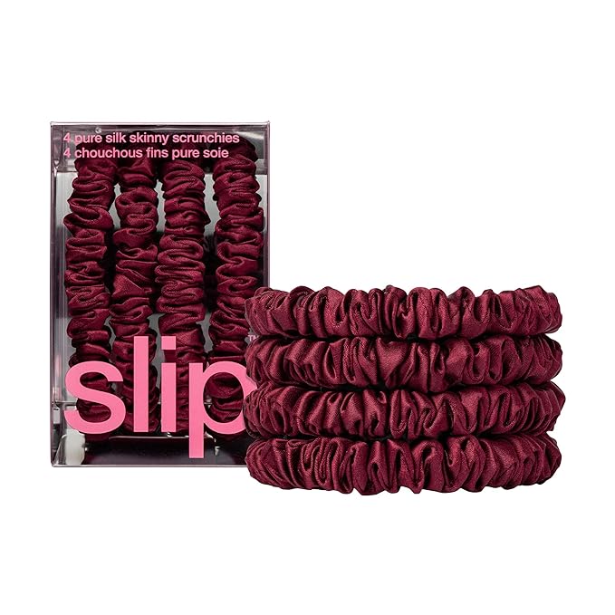 slip Skinny Scrunchies: Anti-Crease, Anti-Breakage Slipsilk™ Design Protects Delicate Hair | Includes 4 Pure Silk Scrunchies: Maroon
