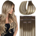 Full Shine Seamless Clip in Hair Extensions Real Human Hair, Darker Brown to Ash Brown Highlight Medium Blonde PU Weft Seamless Hair Extensions Clip in for Thin Hair, 4Pcs 12Inch 55 grams