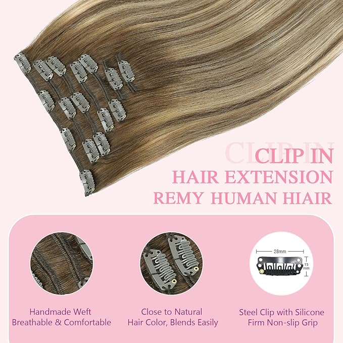PINKPEARL Clip in Hair Extensions Human Hair, Remy Human Hair Clip ins for Women #4/27/4 Chocolate Brown to Caramel Blonde Balayage Clip Hair Extensions 7pcs 120g 20inch(#4/27/4-20)