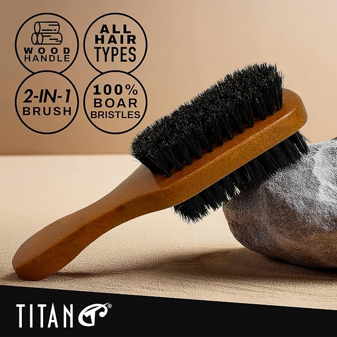 TITAN Double Sided Boar Bristle Brush, 100% Natural Firm and Soft Bristles with Wooden Handle, 2-in-1 Hair Brush for Waves, Fades, and Slick Back Styling, Durable Wood Design for Men and Women