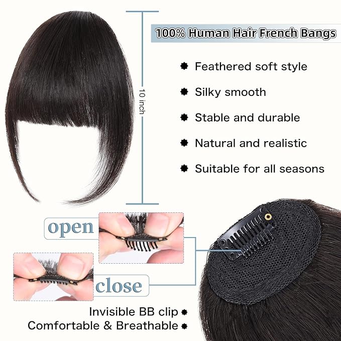 Clip In Bangs for Women, Brown Black French Bangs Hair Clip with Temples, 100% Real Human Hair Layered Curved Fringe for Halloween and Daily Use(Brown Black, French Bangs)