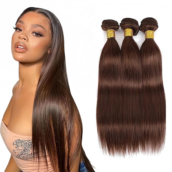 Brown Straight Bundles Human Hair Color 4 Bundle Brazilian Virgin Soft and Silky Remy Hair 3 Bundles 14 16 18 Inch Niegmeag Double Weft Color 4 Straight Bundle Hair Weave 150g