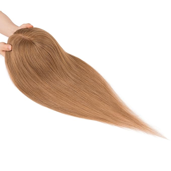 Hairro Human Hair Toppers Free Parted, 3.5x4.7" Base Hand-wovened 100% Real Hairpieces, with Invisible Clips-in for Women, for High Hairline/Adding Volume on Top, 14 Inch Blondish Brown
