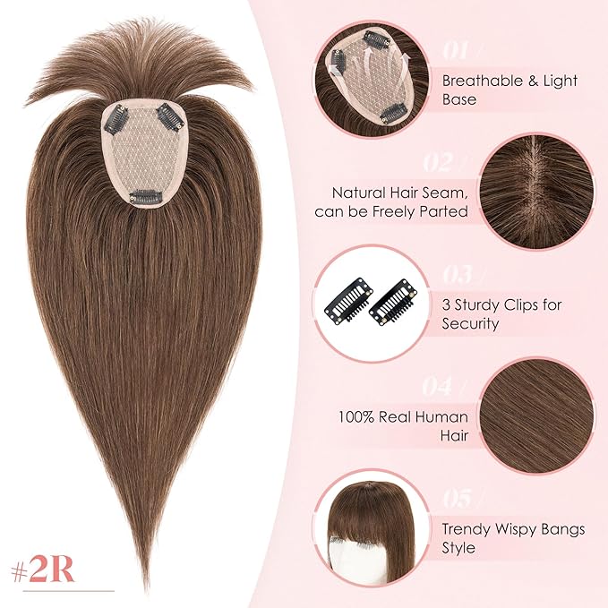 Hairro Human Hair Toppers with Wispy Bangs, 3.5x4.7" Hand-wovened Base for Women with Thinning Hair, Lightweight & Breathable Realistic Scalp, Clip-in Hairpieces for Easy Wear, 14 Inch Dark Brown