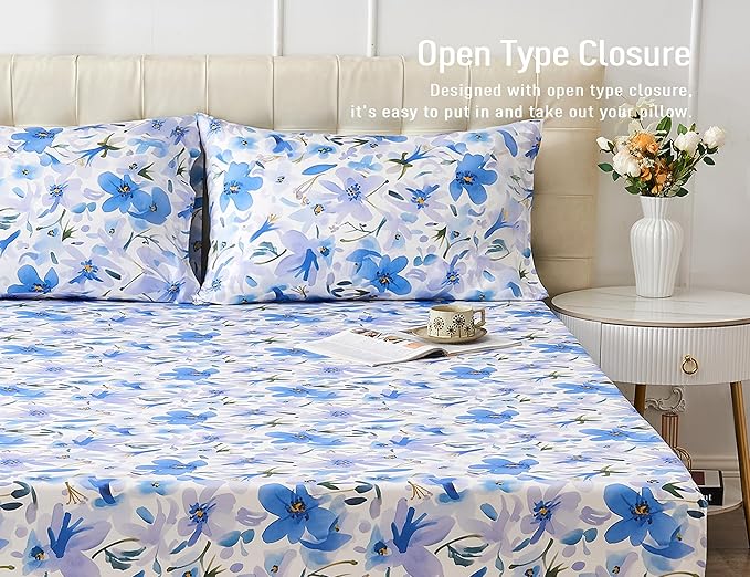sunflower King Pillowcases Set of 2, 100% Cotton King Size Pillow Cases 2, 20×40 inches Blue Bloom, Soft and Breathable