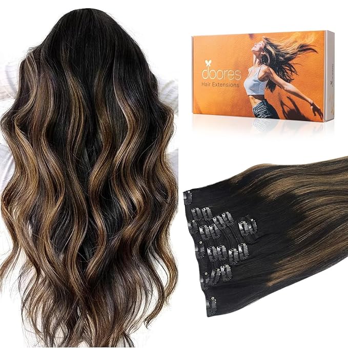 DOORES Human Hair Extensions Clip in, Balayage Natural Black to Chestnut Brown 14 Inch 7pcs 100g, Thick Straight Clip in Remy Hair Extensions Natural Weft