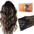 DOORES Human Hair Extensions Clip in, Balayage Natural Black to Chestnut Brown 14 Inch 7pcs 100g, Thick Straight Clip in Remy Hair Extensions Natural Weft