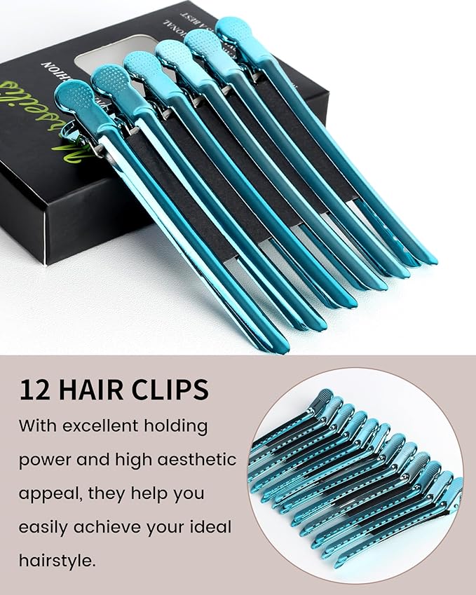 Alligator Clips for Hair Styling 12 pcs Anti-Slip No-Trace Duck Billed Hair Clips Rustproof Metal Alligator Curl Clips for Hair Styling for Salon & Makeup, blue.