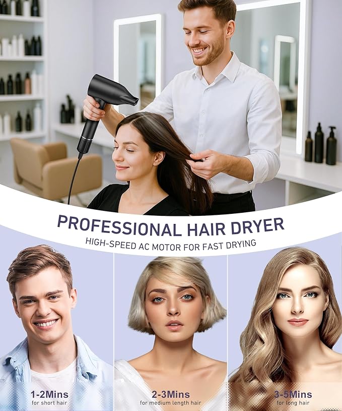 Cosy Companions Hair Dryer, 150000 RPM High-Speed Brushless Motor Negative Ionic Blow Dryer for Fast Drying, Low Noise Thermo-Control Hair-Dryer-with-Diffuser and Nozzle