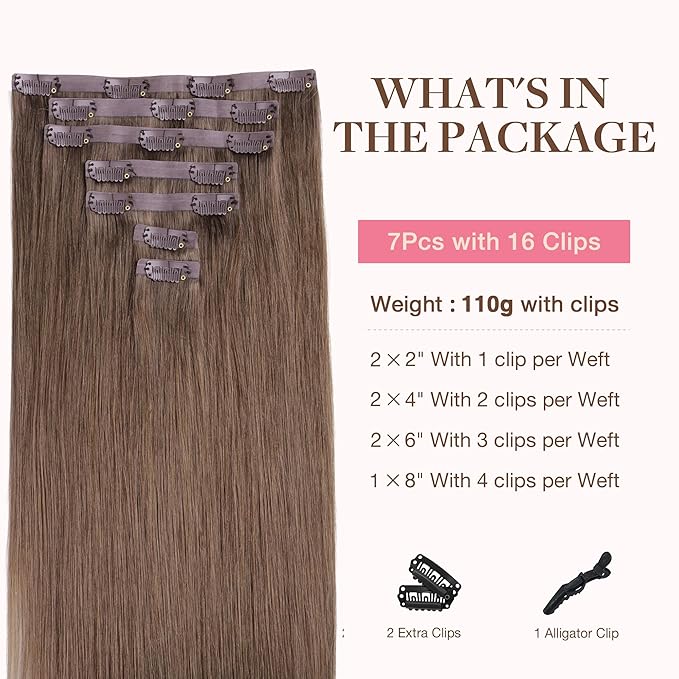GOO GOO Clip in Hair Extensions Real Human Hair, Remy Human Hair Extensions Clip ins for Women, Natural Human Hair, 12inch 85g 7Pcs, #5 Light Ash Brown