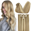 DOORES Clip in Human Hair Extensions, 5 pcs 80g Light Blonde Highlighted Golden Blonde Balayage 20 Inch Hair Extensions Clip in Real Straight Natural Hair