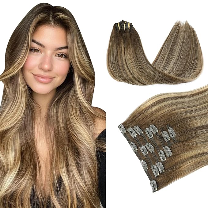 PINKPEARL Clip in Hair Extensions Human Hair, Remy Human Hair Clip ins for Women #4/27/4 Chocolate Brown to Caramel Blonde Balayage Clip Hair Extensions 7pcs 120g 20inch(#4/27/4-20)