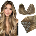 PINKPEARL Clip in Hair Extensions Human Hair, Remy Human Hair Clip ins for Women #4/27/4 Chocolate Brown to Caramel Blonde Balayage Clip Hair Extensions 7pcs 120g 22inch(#4/27/4-22)