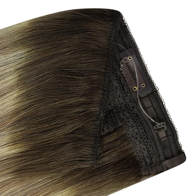YoungSee 135G Hair Extensions Wire Brown Blonde Human Hair Wire Extensions for Women Fish Line Hair Extensions Real Human Hair Balayage Walnut Brown Balayage Light Blonde 24inch