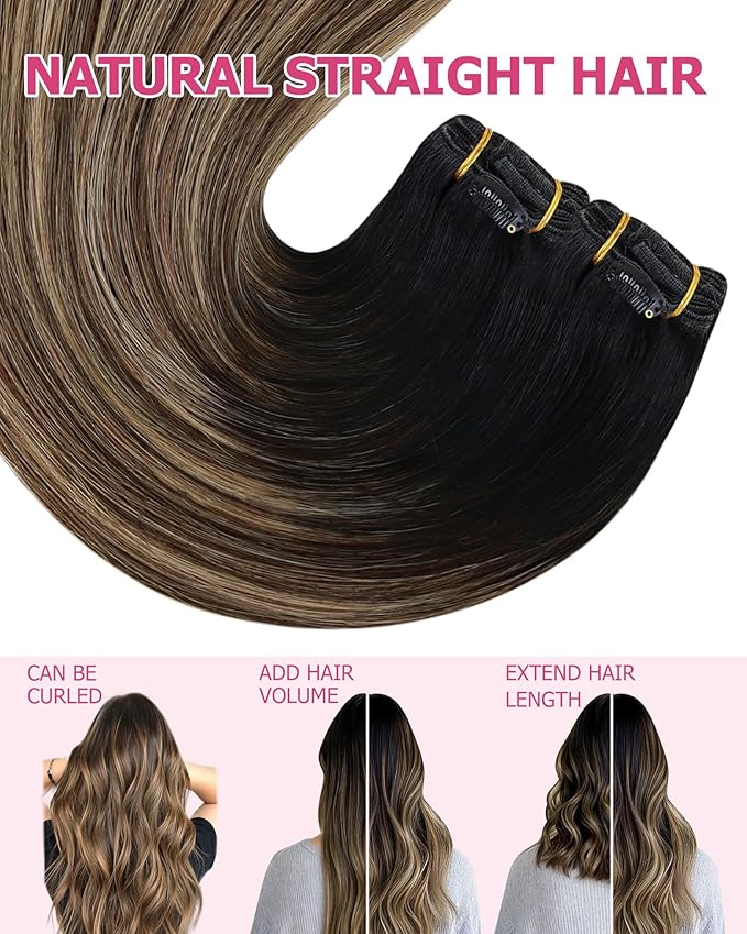 YoungSee 150G Balayage Clip in Hair Extensions Black Ombre Human Hair Clip in Extensions Natural Black Roots to Brown with Caramel Blonde Clip ins Extensions Real Human Hair 7Pcs 20Inch