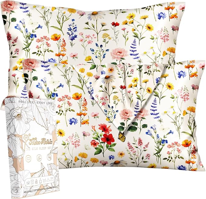 2 Pack Mulberry Silk Pillowcase for Hair and Skin - Queen Size 20 x 30 Inches with Hidden Zipper New Retro Flower 19 Momme Soft Sleeping Silk Pillow Case for Women, Moms