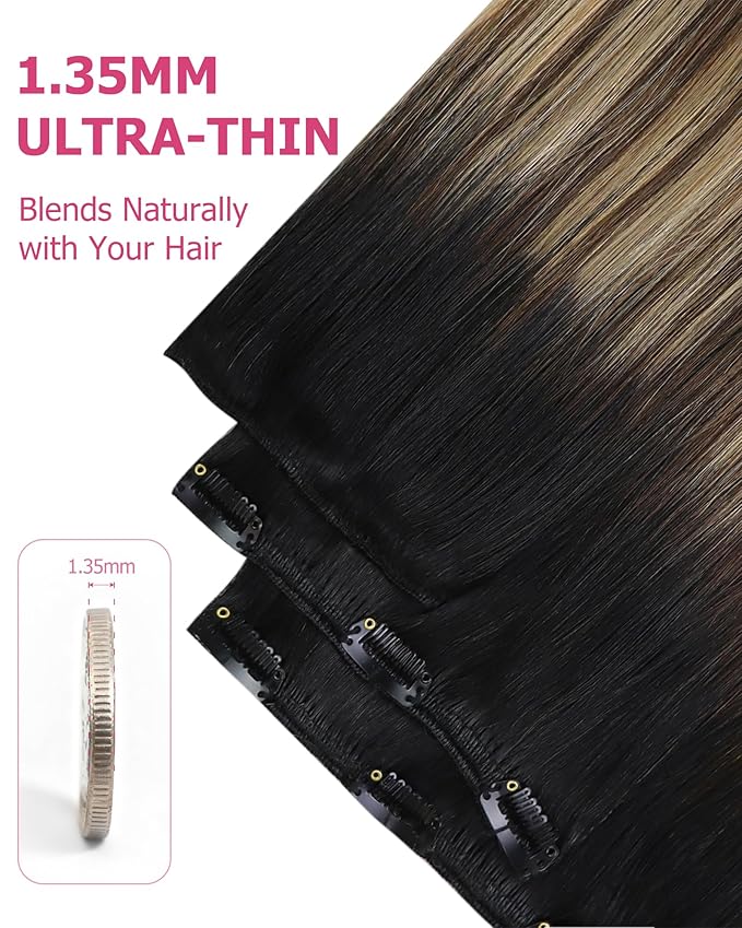 YoungSee 135G Clip in Human Hair Extensions Black Ombre Hair Extensions Clip ins Balayage Black Roots to Brown with Caramel Blonde Clip on Hair Extension Real Human Hair 18In 7Pcs