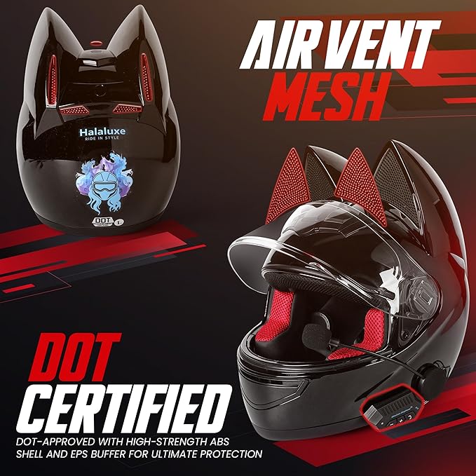 Custom Kitty Cat Ear Automotive Motorcycle Biker Helmet with Bluetooth | for Moped | Bike | Vespa | Scooter | ATV | Quad | Dirtbike | DOT FMVSS218 Approved and Certified