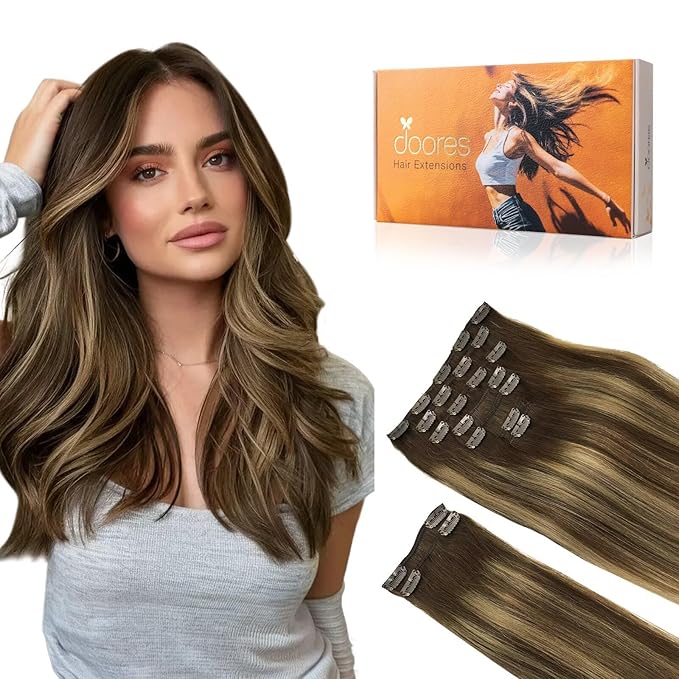 DOORES Human Hair Clip in Extensions, Balayage Chocolate Brown to Caramel Blonde 150g 9pcs 24 Inch, Real Hair Extensions Clip in Human Hair Extensions Human Hair Natural Thick Silky Straight Hair