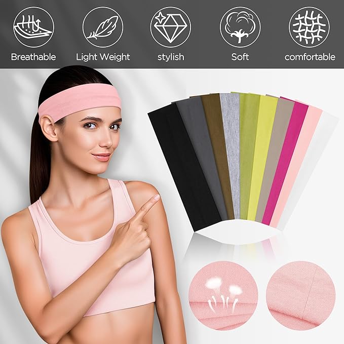 10 PCS Headbands for Women - Fashion Non Slip Cotton Headbands for Women and Men Perfect for Sports and Outdoor Activities in Summer,Including Running, Yoga, Cycling, Gym Workouts