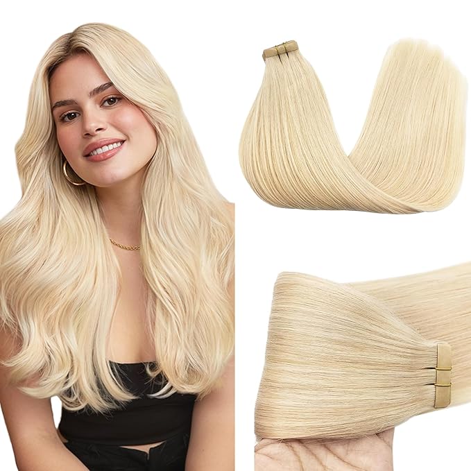 GOO GOO Tape in Hair Extensions Human Hair, 613R Bleach Blonde, 24inch 50g 20pcs, Skin Weft Seamless Invisible, Silky Straight with Thick Ends, Remy Human Hair