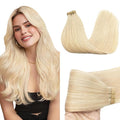 GOO GOO Tape in Hair Extensions Human Hair, 613R Bleach Blonde, 10inch 30g 20pcs, Skin Weft Seamless Invisible, Silky Straight with Thick Ends, Remy Human Hair