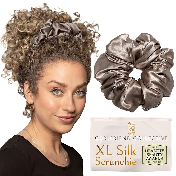 Silk Scrunchies for Women Ponytail Holders – Oversized Mulberry Silk Scrunchies – Extra Large No Damage Hair Ties for Curly, Thick, and Thin - Hair Accessories for Women – London Fog, XL By Curlfriend