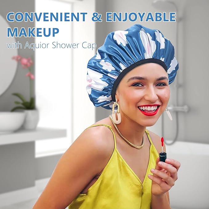 Aquior Shower Cap,Terry Lined Shower Cap for Women Reusable, Triple Layer Waterproof Bath Cap, Extra Large for Women Long Hair