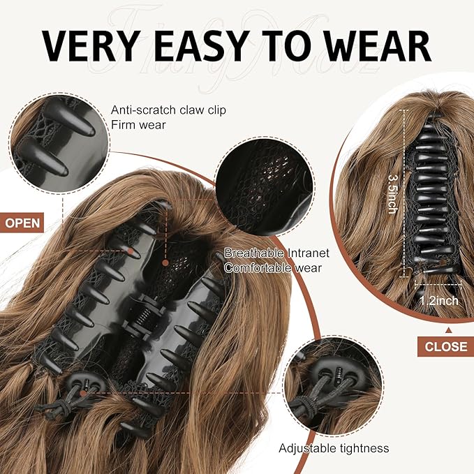 FLUFYMOOZ Ponytail Extension, 18 Inch Claw Clip Ponytail Extension, Wavy Curly Claw Clip in Ponytail Hair Extensions, Natural Ponytail Synthetic Hairpiece for Women (Chocolate Brown to Light Brown)
