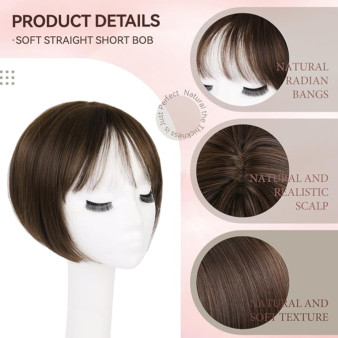 LEEONS Hair Toppers for Women with Bangs Short Bob Synthetic Pieces for Thinning Hair Side Part (Mixed Dark Brown)