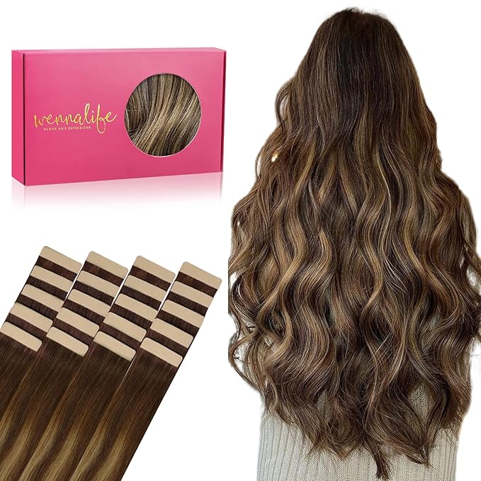 WENNALIFE Tape in Hair Extensions, 24 Inch 50g Balayage Chocolate Brown to Caramel Blonde Remy Human Hair, 20pcs Coloured Tape Extensions