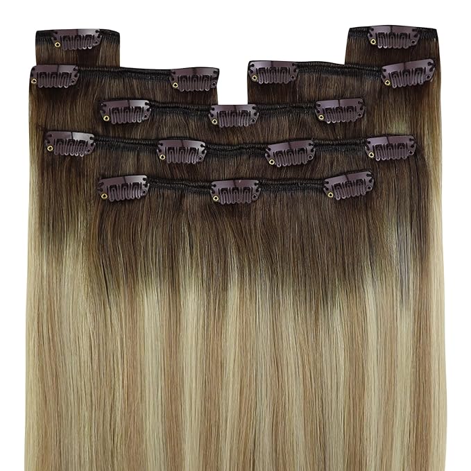 YoungSee Balayage Clip in Hair Extensions Invisible Clip in Hair Extensions Human Hair Walnut Brown Ombre Light Brown with Blonde Clip in Human Hair Extensions for Women 120G 16Inch