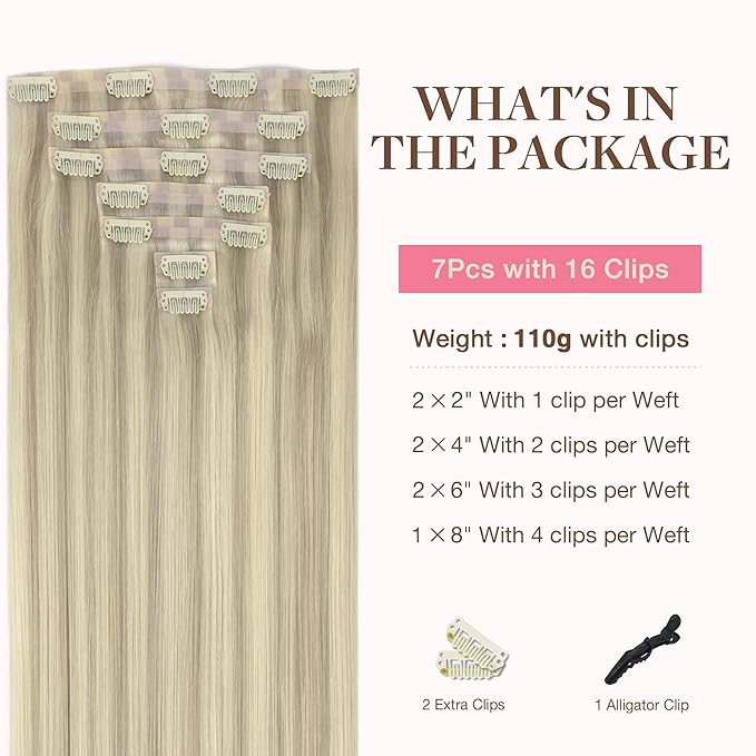 GOO GOO Clip in Hair Extensions Real Human Hair, Remy Human Hair Extensions Clip ins for Women, Natural Human Hair, 16inch 110g 7Pcs, 17A/60A Ash Blonde Highlighted Platinum Blonde