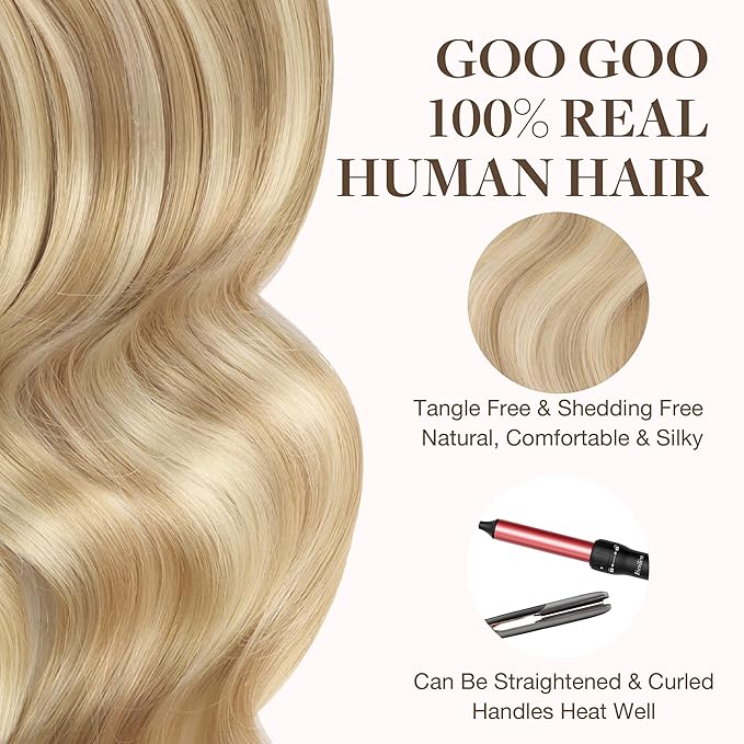 GOO GOO Tape in Hair Extensions Human Hair, 18A/613A Dark Blonde Highlighted Bleach Blonde, 10inch 60g 40pcs, Skin Weft Seamless Invisible, Silky Straight with Thick Ends, Remy Human Hair