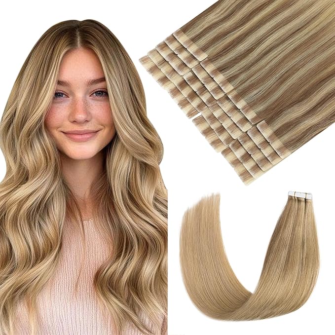 Pinkpearl Invisible Tape in Hair Extensions Human Hair, 20pcs 18inch 50g #10/27/27 Golden Brown to Caramel Blonde Injection Tape in Extensions Real Remy Seamless Human Hair Injected