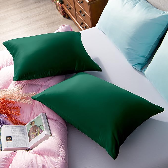 NTBAY Zippered Satin Pillow Cases for Hair and Skin, Luxury Standard Hidden Zipper Pillowcases Set of 2, 20x26 Inches, Dark Green