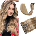XDhair Clip in Hair Extensions 100g 16 Inch Balayage Hair Extensions Clip in Human Hair Golden Brown to Light Blonde Straight Real Human Hair Extensions Clip ins for Women 6pcs #10/27/27 16 Inch