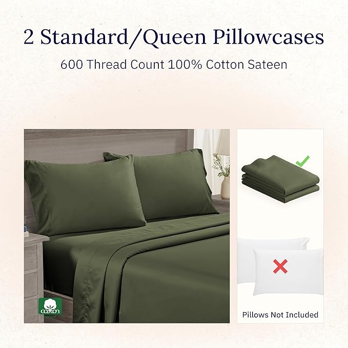 California Design Den Standard/Queen Pillow Cases Set of 2 - Luxuriously Soft Premium 600 Thread Count, 100% Cotton, Crisp Sateen, Fits Standard & Queen Pillows - Dark Olive Green