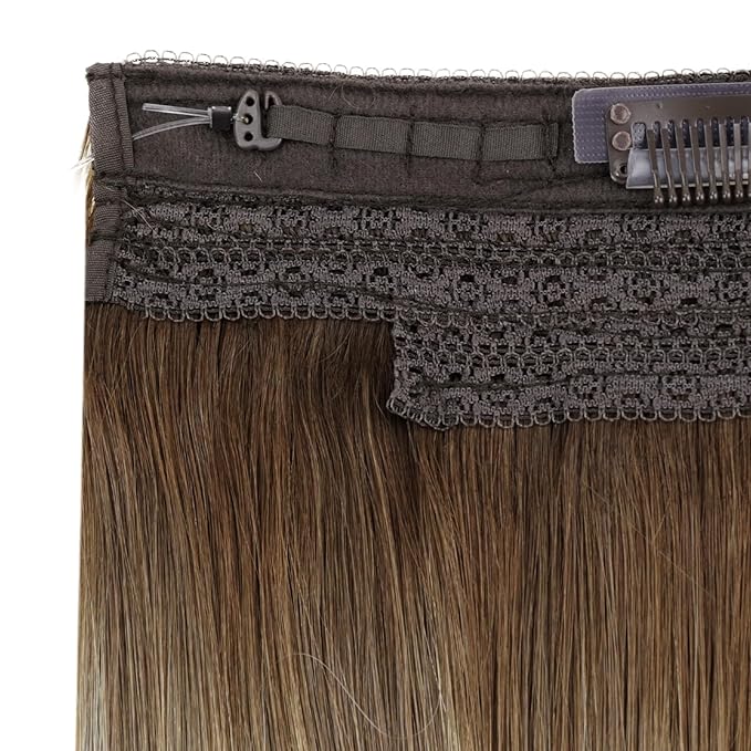 RUNATURE Brown Balayage Wire Hair Extensions Real Human Hair, Invisible Wire Hair Extensions Short, Remy Straight Soft Hair，Natural Blending, 12 Inch 70g #3/8/22 Walnut Brown Ombre Light Blonde