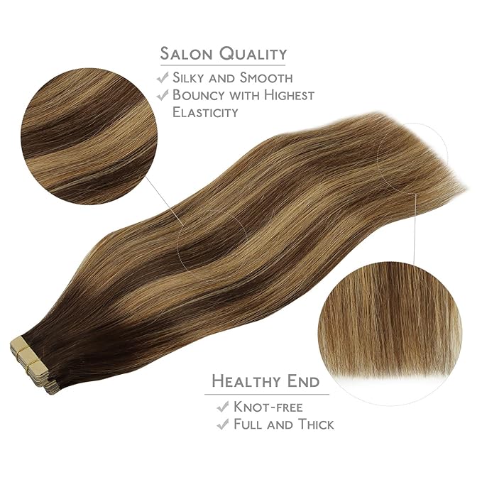 WENNALIFE Tape in Hair Extensions, 24 Inch 50g Balayage Chocolate Brown to Caramel Blonde Remy Human Hair, 20pcs Coloured Tape Extensions