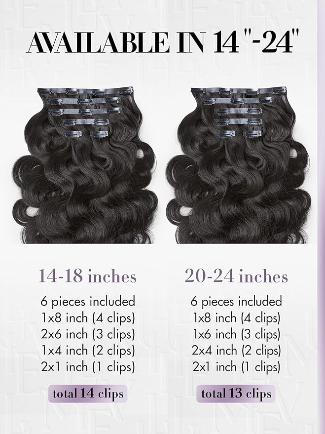 LUVME Invisible Clip in Hair Extensions Body Wave Real Human Hair, Remy Hair Clip ins for Women, Natural Human Hair, 20 inch 110g 6Pcs, Natural Black