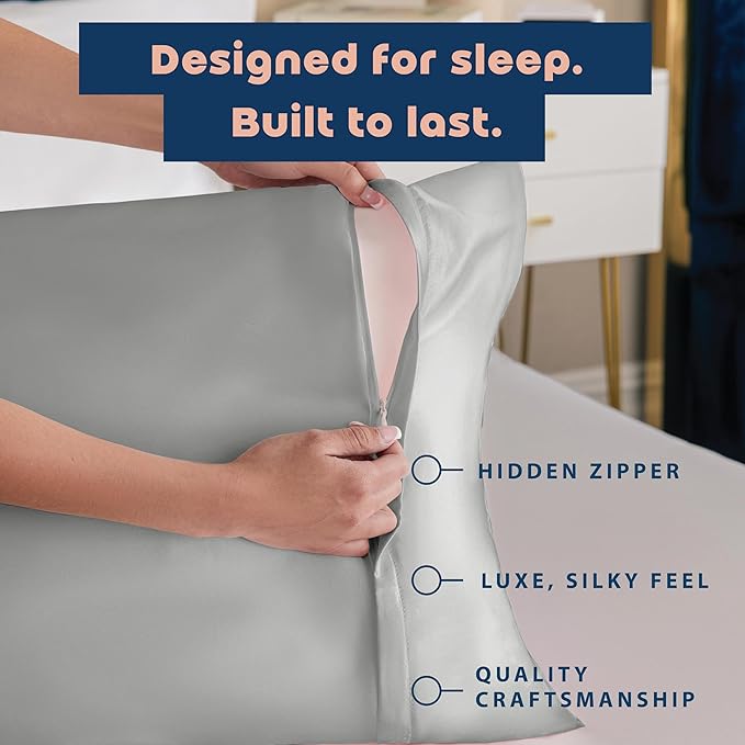BLISSFORD Satin Pillowcase with Zipper, for Hair and Skin Care, Feels Soft and Cool Like a Silk Pillowcase, Satin Pillow Cases 2 Pack, Slik Pillow Cover, Grey, Queen Size, Set of 2