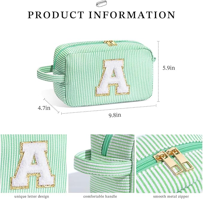 YOOLIFE Gifts for Women, Personalized Birthday Gifts for Women Girlfriend Her Friend Mom Grandma Daughter Wife, Bridesmaid Gifts, Monogram Initial Girls Preppy Makeup Bag, Green I